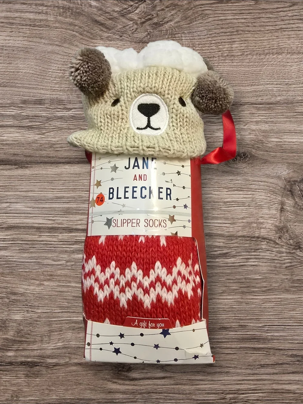 Jane and Bleecker Red and Cream Kids Knit Slipper Socks with Bear Hat